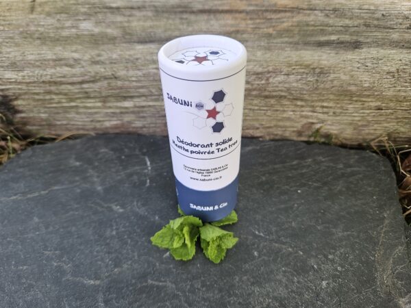 Tube du déodorant (menthe poivrée et tea tree) de Sabuni & Cie, posé sur une ardoise, sur des feuilles de menthe.