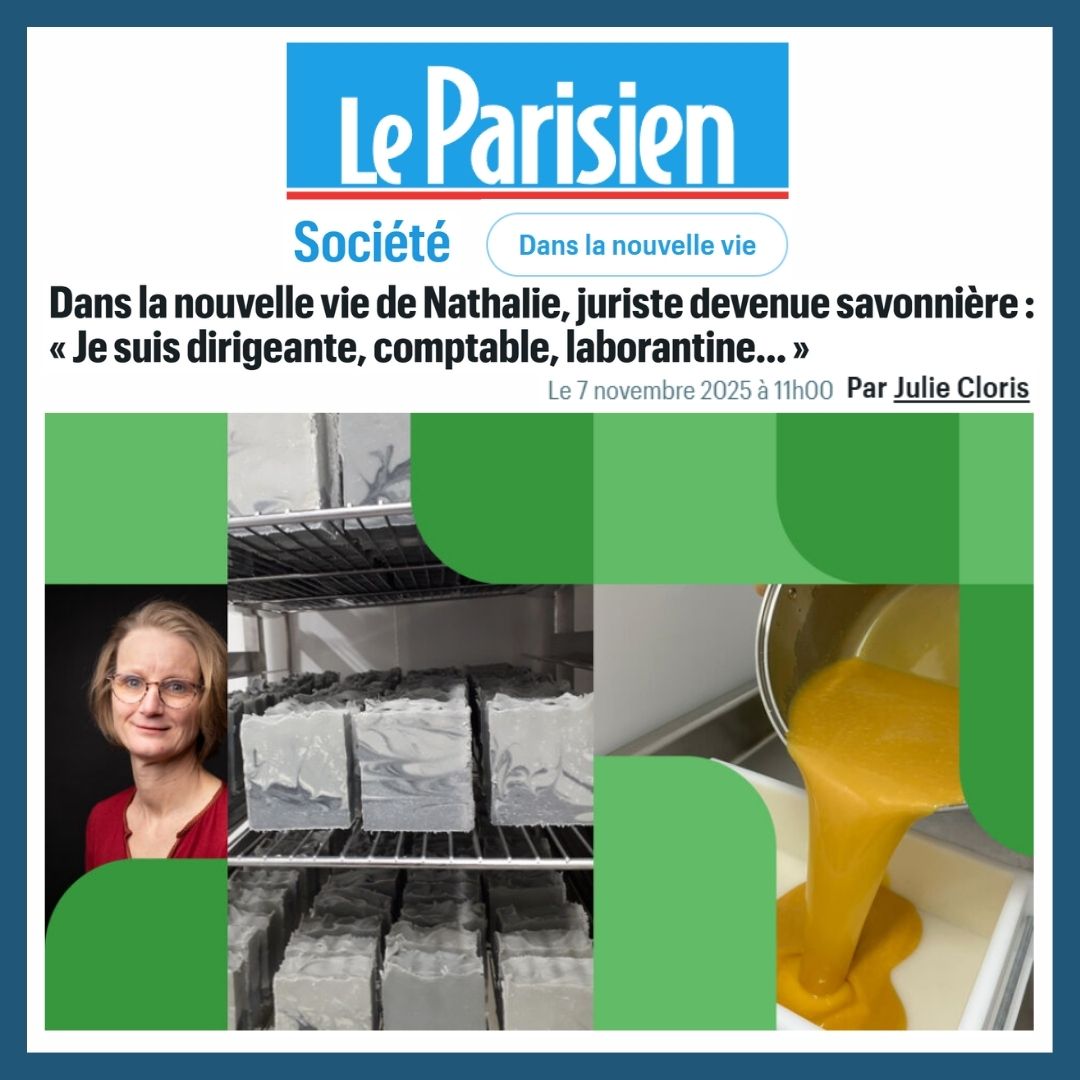 Illustration de l'article paru dans le journal Le Parisien, avec des photos de la savonnière, des savons bio, et du laboratoire