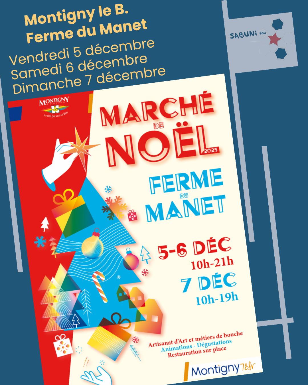 Image d'un sapin décoré pour annoncer le marché de Noël à la Ferme du Manet (Montigny le Bretonneux)