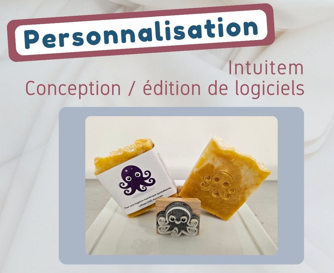 Savon personnalisé - Sabuni Cie - Intuitem - Pieuvre Savon personnalisé, de la gamme Sabuni & Cie, pour l'inauguration de nouveaux locaux, tamponné et emballé avec le logo Intuitem CISO assistant et le symbole de la pieuvre