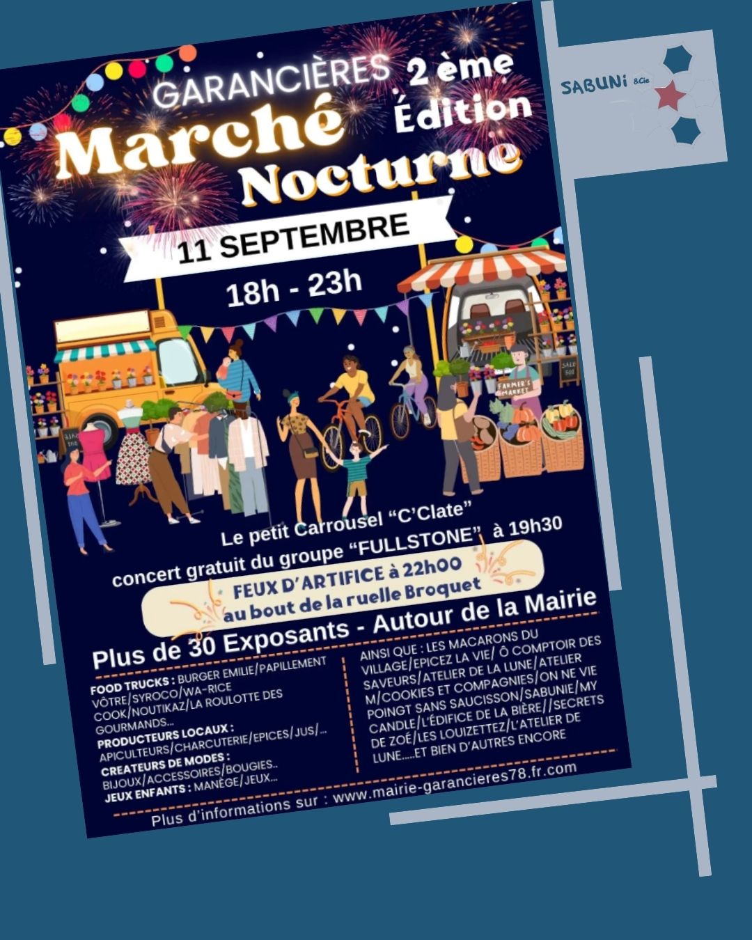 Affiche du marché nocturne de Garancières auquel participe la savonnerie artisanale Sabuni & Cie